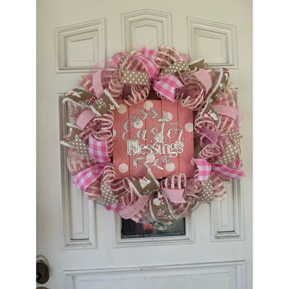 Beige Pink Easter Blessings Deco Mesh Ribbon Spring Wreath Front Door Hanger - Picture 1 of 8